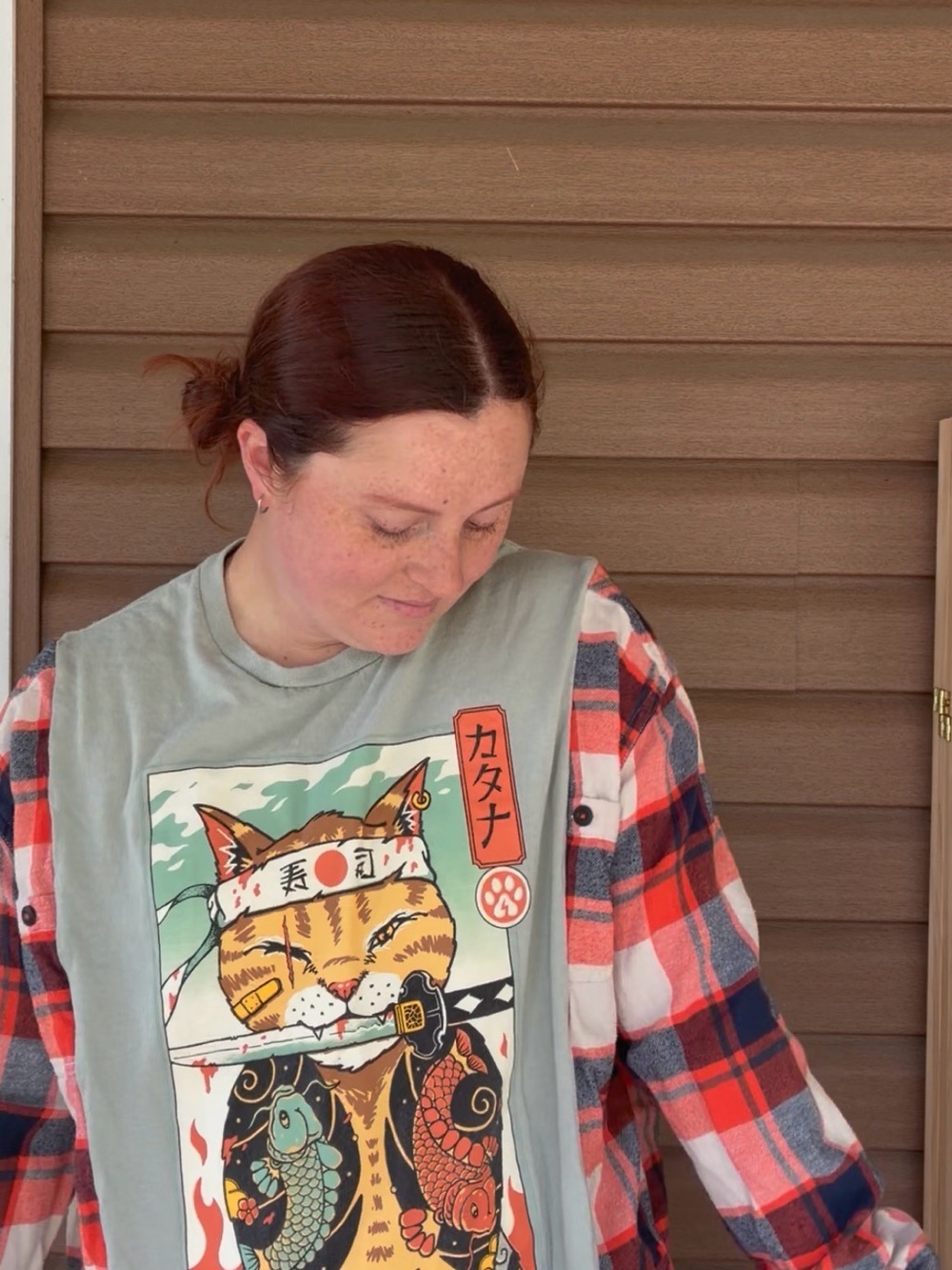 Unisex Cat Graphic Tee - Green with Red Plaid Sleeves